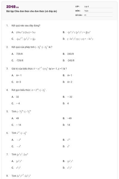 Bài tập Chia đơn thức cho đơn thức (có đáp án)