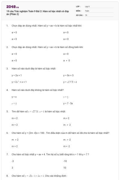 19 câu Trắc nghiệm Toán 9 Bài 2: Hàm số bậc nhất có đáp án (Phần 2)