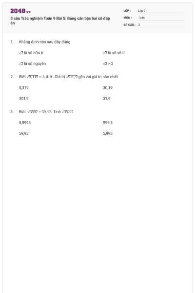 3 câu Trắc nghiệm Toán 9 Bài 5: Bảng căn bậc hai có đáp án