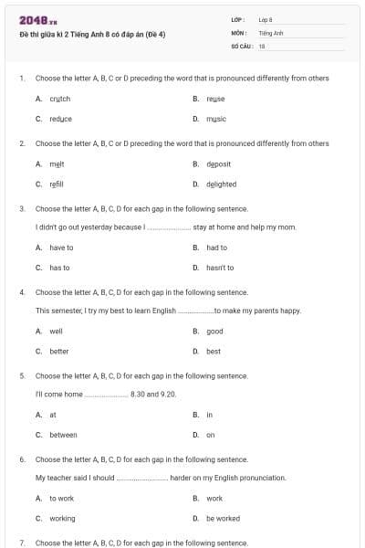 Đề thi giữa kì 2 Tiếng Anh 8 có đáp án (Đề 4)