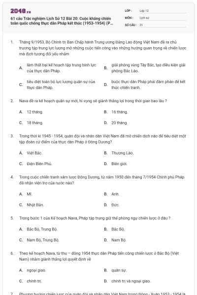 61 câu Trắc nghiệm Lịch Sử 12 Bài 20: Cuộc kháng chiến toàn quốc chống thực dân Pháp kết thúc (1953-1954) (P1) có đáp án
