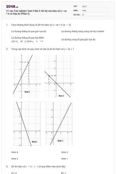 21 câu Trắc nghiệm Toán 9 Bài 3: Đồ thị của hàm số y = ax + b có đáp án (Phần 2)