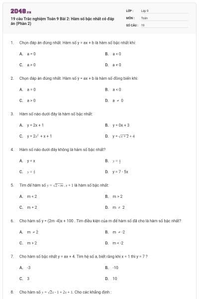 19 câu Trắc nghiệm Toán 9 Bài 2: Hàm số bậc nhất có đáp án (Phần 2)