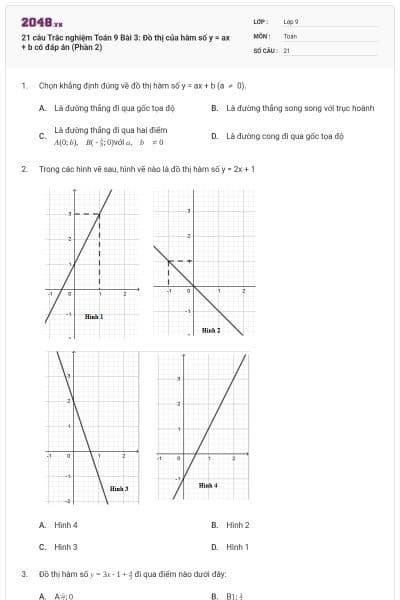 21 câu Trắc nghiệm Toán 9 Bài 3: Đồ thị của hàm số y = ax + b có đáp án (Phần 2)