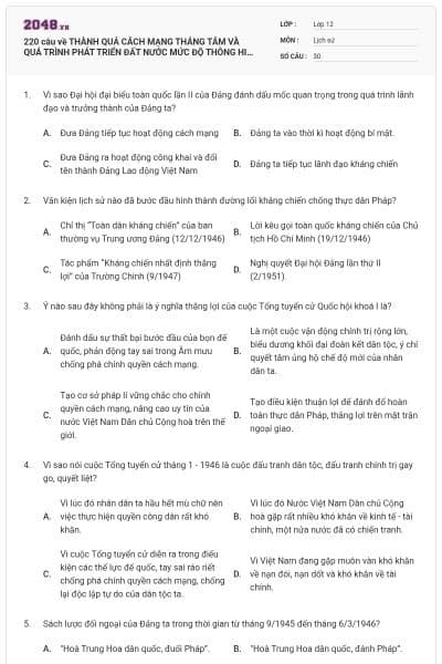 220 câu về THÀNH QUẢ CÁCH MẠNG THÁNG TÁM VÀ QUÁ TRÌNH PHÁT TRIỂN ĐẤT NƯỚC MỨC ĐỘ THÔNG HIỂU (P2)