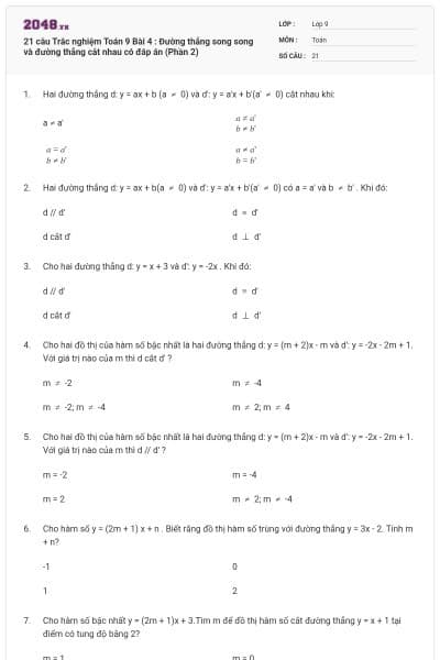21 câu Trắc nghiệm Toán 9 Bài 4 : Đường thẳng song song và đường thẳng cắt nhau có đáp án (Phần 2)