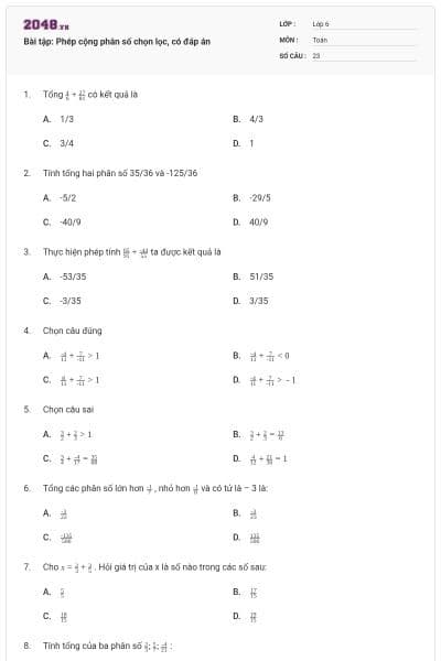 Bài tập: Phép cộng phân số chọn lọc, có đáp án