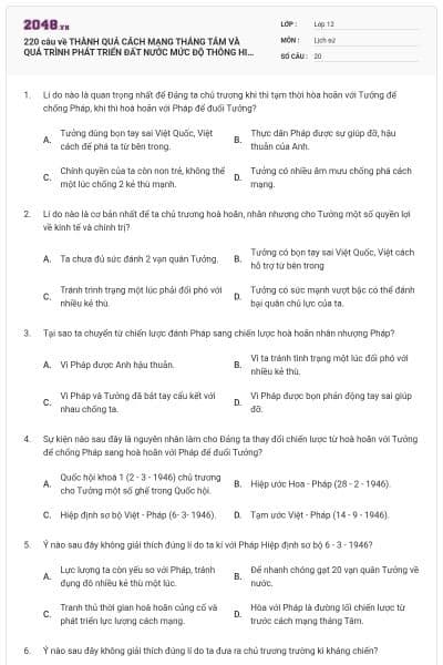 220 câu về THÀNH QUẢ CÁCH MẠNG THÁNG TÁM VÀ QUÁ TRÌNH PHÁT TRIỂN ĐẤT NƯỚC MỨC ĐỘ THÔNG HIỂU (P3)
