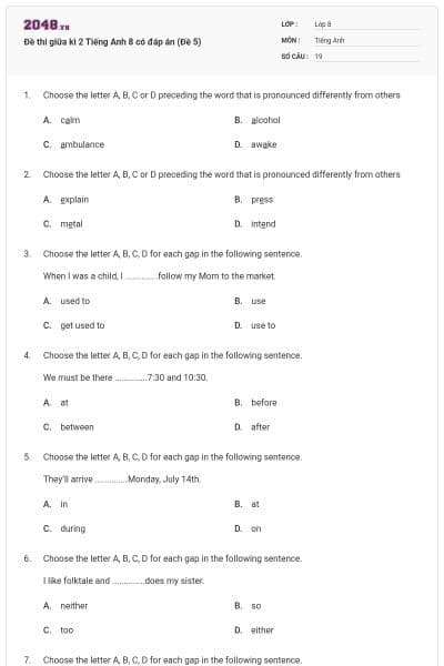 Đề thi giữa kì 2 Tiếng Anh 8 có đáp án (Đề 5)