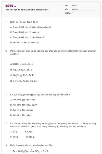 SBT Hóa học 11 Bài 9: Axit nitric và muối nitrat