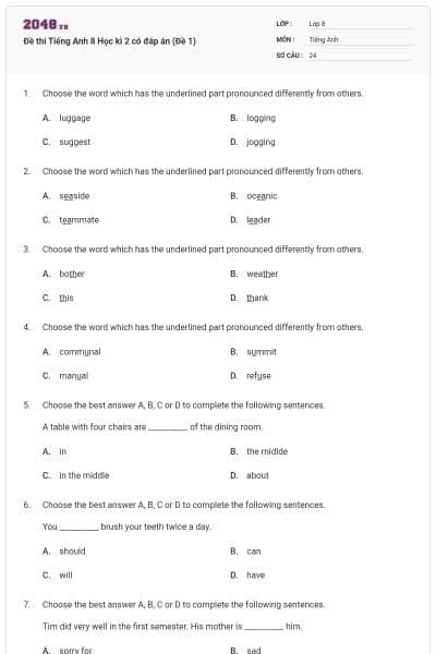 Đề thi Tiếng Anh 8 Học kì 2 có đáp án (Đề 1)