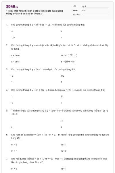 11 câu Trắc nghiệm Toán 9 Bài 5: Hệ số góc của đường thẳng y = ax + b có đáp án (Phần 2)