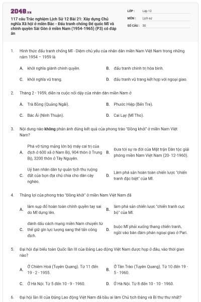 117 câu Trắc nghiệm Lịch Sử 12 Bài 21: Xây dựng Chủ nghĩa Xã hội ở miền Bắc - Đấu tranh chống Đế quốc Mĩ và chính quyền Sài Gòn ở miền Nam (1954-1965) (P3) có đáp án