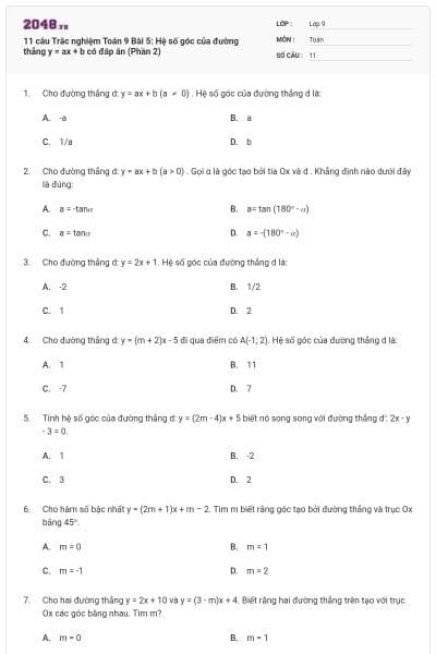11 câu Trắc nghiệm Toán 9 Bài 5: Hệ số góc của đường thẳng y = ax + b có đáp án (Phần 2)