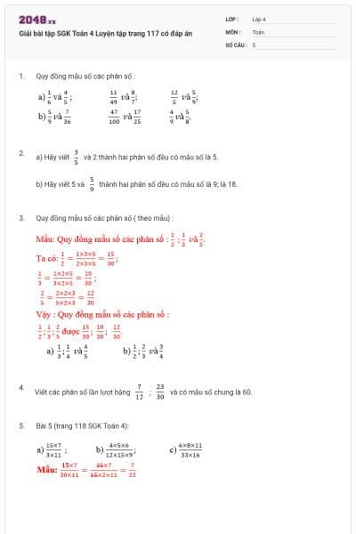 Giải bài tập SGK Toán 4 Luyện tập trang 117 có đáp án