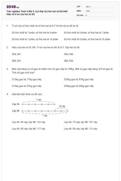 Trắc nghiệm Toán 4 Bài 3: (có đáp án) tìm hai số khi biết hiệu và tỉ số của hai số đó