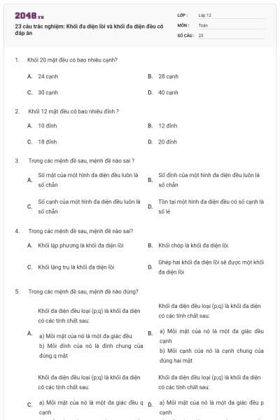 23 câu trắc nghiệm: Khối đa diện lồi và khối đa diện đều có đáp án