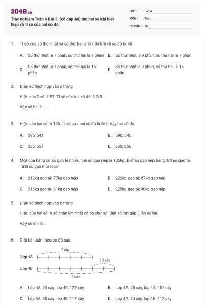 Trắc nghiệm Toán 4 Bài 3: (có đáp án) tìm hai số khi biết hiệu và tỉ số của hai số đó