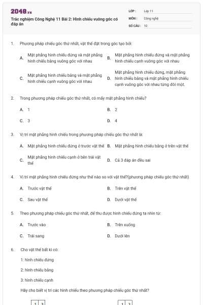 Trắc nghiệm Công Nghệ 11 Bài 2: Hình chiếu vuông góc có đáp án