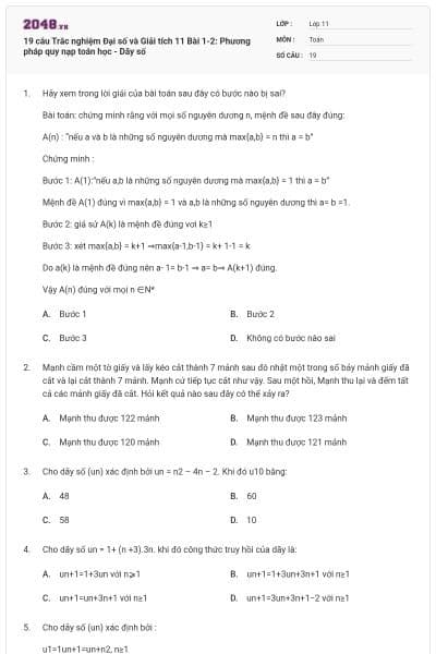 19 câu Trắc nghiệm Đại số và Giải tích 11 Bài 1-2: Phương pháp quy nạp toán học - Dãy số