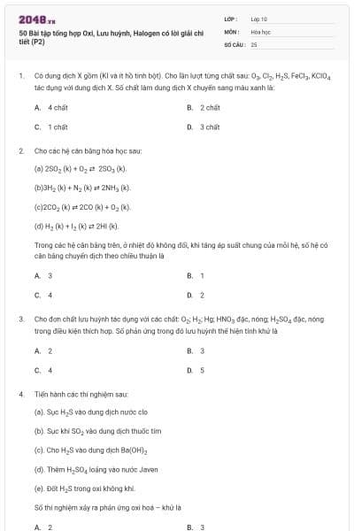 50 Bài tập tổng hợp Oxi, Lưu huỳnh, Halogen có lời giải chi tiết (P2)