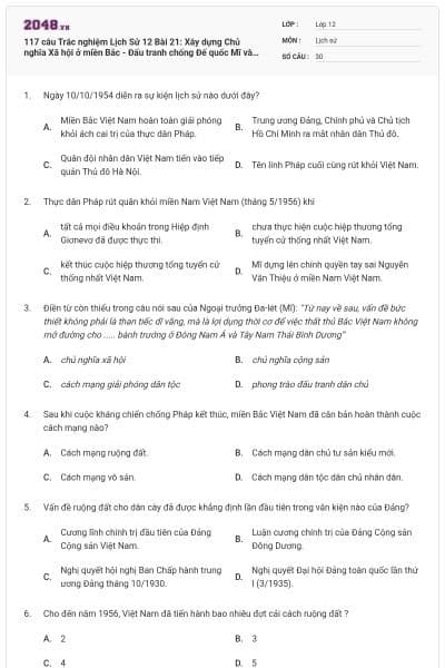 117 câu Trắc nghiệm Lịch Sử 12 Bài 21: Xây dựng Chủ nghĩa Xã hội ở miền Bắc - Đấu tranh chống Đế quốc Mĩ và chính quyền Sài Gòn ở miền Nam (1954-1965) (P1) có đáp án