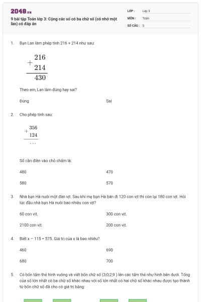 9 bài tập Toán lớp 3: Cộng các số có ba chữ số (có nhớ một lần) có đáp án