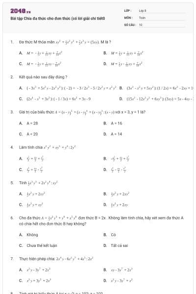 Bài tập Chia đa thức cho đơn thức (có lời giải chi tiết0