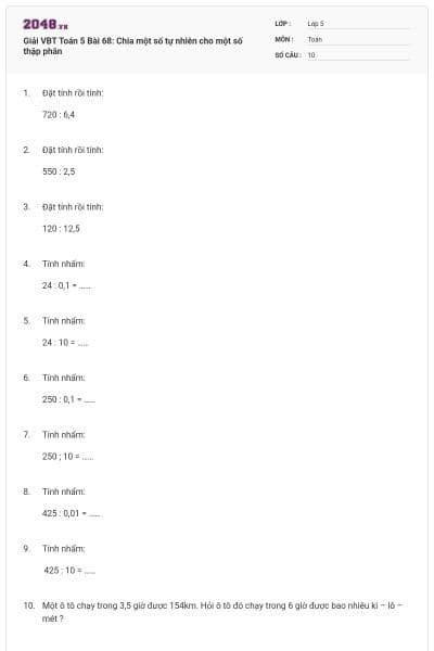 Giải VBT Toán 5 Bài 68: Chia một số tự nhiên cho một số thập phân