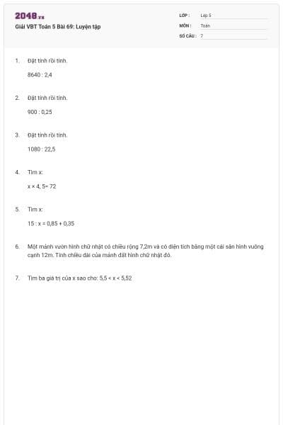 Giải VBT Toán 5 Bài 69: Luyện tập