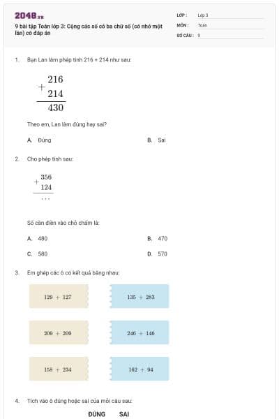 9 bài tập Toán lớp 3: Cộng các số có ba chữ số (có nhớ một lần) có đáp án