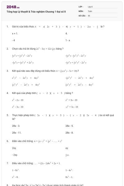 Tổng hợp Lý thuyết & Trắc nghiệm Chương 1 Đại số 8