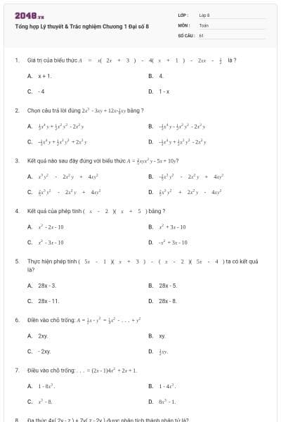 Tổng hợp Lý thuyết & Trắc nghiệm Chương 1 Đại số 8