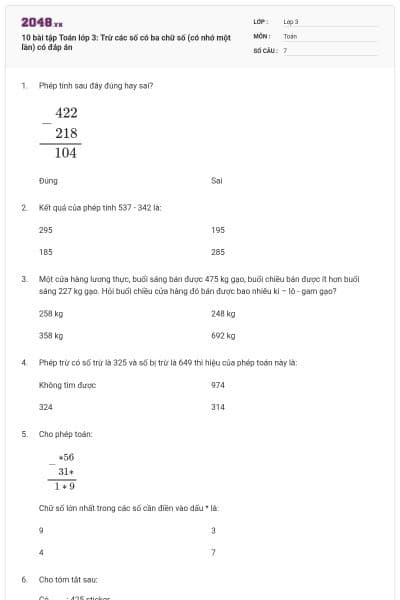 10 bài tập Toán lớp 3: Trừ các số có ba chữ số (có nhớ một lần) có đáp án
