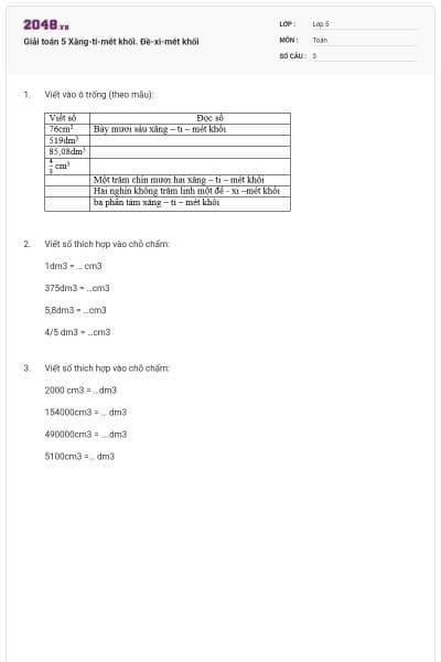 Giải toán 5 Xăng-ti-mét khối. Đề-xi-mét khối