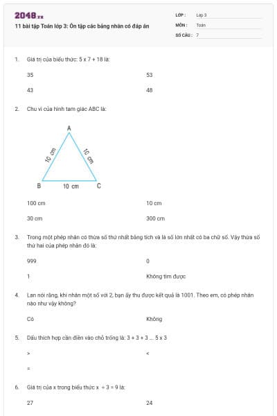 11 bài tập Toán lớp 3: Ôn tập các bảng nhân có đáp án