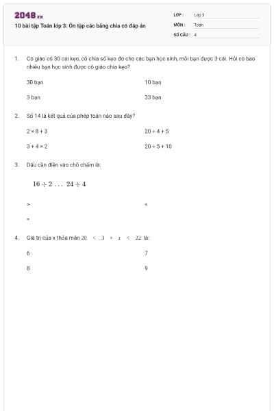 10 bài tập Toán lớp 3: Ôn tập các bảng chia có đáp án
