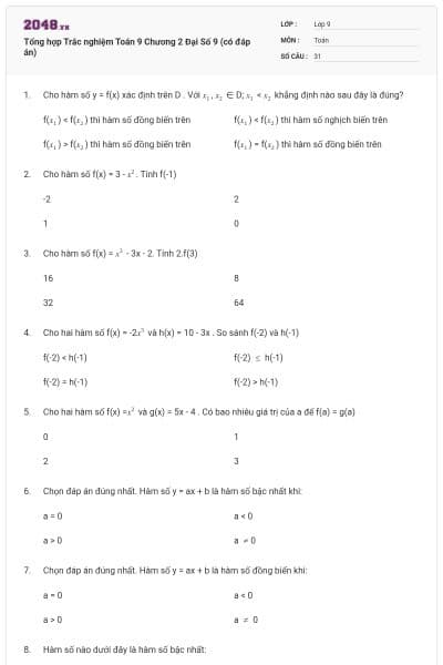 Tổng hợp Trắc nghiệm Toán 9 Chương 2 Đại Số 9 (có đáp án)