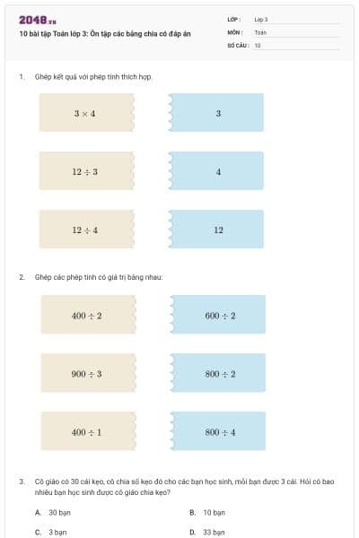 10 bài tập Toán lớp 3: Ôn tập các bảng chia có đáp án