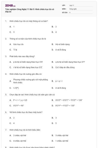 Trắc nghiệm Công Nghệ 11 Bài 5: Hình chiếu trục đo có đáp án