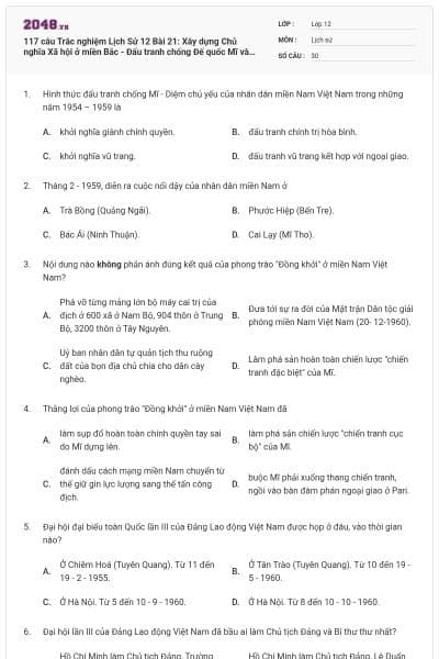 117 câu Trắc nghiệm Lịch Sử 12 Bài 21: Xây dựng Chủ nghĩa Xã hội ở miền Bắc - Đấu tranh chống Đế quốc Mĩ và chính quyền Sài Gòn ở miền Nam (1954-1965) (P3) có đáp án