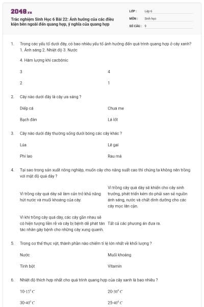 Trắc nghiệm Sinh Học 6 Bài 22: Ảnh hưởng của các điều kiện bên ngoài đến quang hợp, ý nghĩa của quang hợp