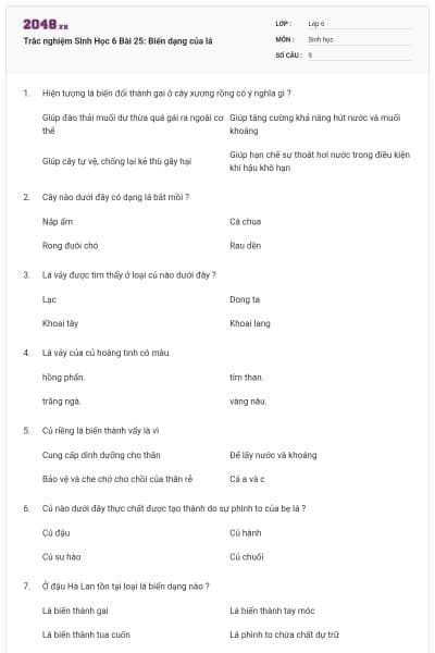 Trắc nghiệm Sinh Học 6 Bài 25: Biến dạng của lá