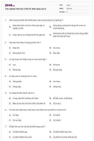 Trắc nghiệm Sinh Học 6 Bài 25: Biến dạng của lá