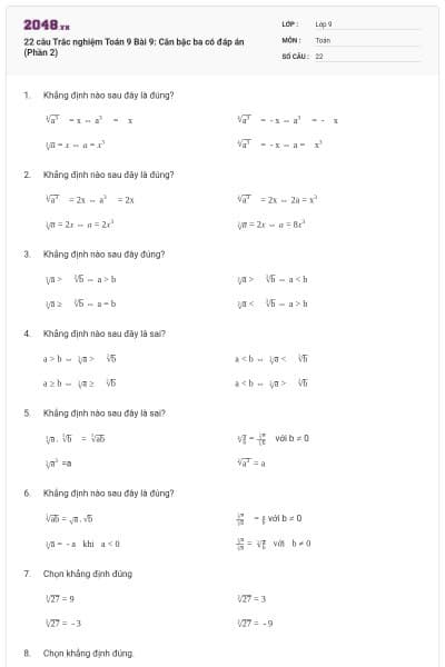 22 câu Trắc nghiệm Toán 9 Bài 9: Căn bậc ba có đáp án (Phần 2)