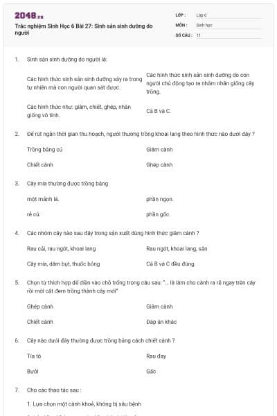 Trắc nghiệm Sinh Học 6 Bài 27: Sinh sản sinh dưỡng do người