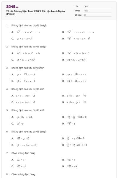 22 câu Trắc nghiệm Toán 9 Bài 9: Căn bậc ba có đáp án (Phần 2)