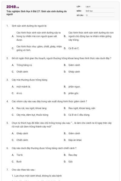 Trắc nghiệm Sinh Học 6 Bài 27: Sinh sản sinh dưỡng do người