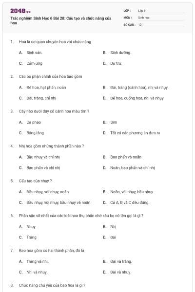 Trắc nghiệm Sinh Học 6 Bài 28: Cấu tạo và chức năng của hoa
