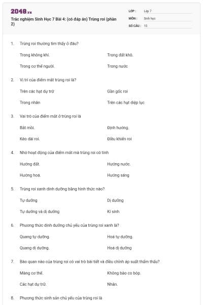 Trắc nghiệm Sinh Học 7 Bài 4: (có đáp án) Trùng roi (phần 2)